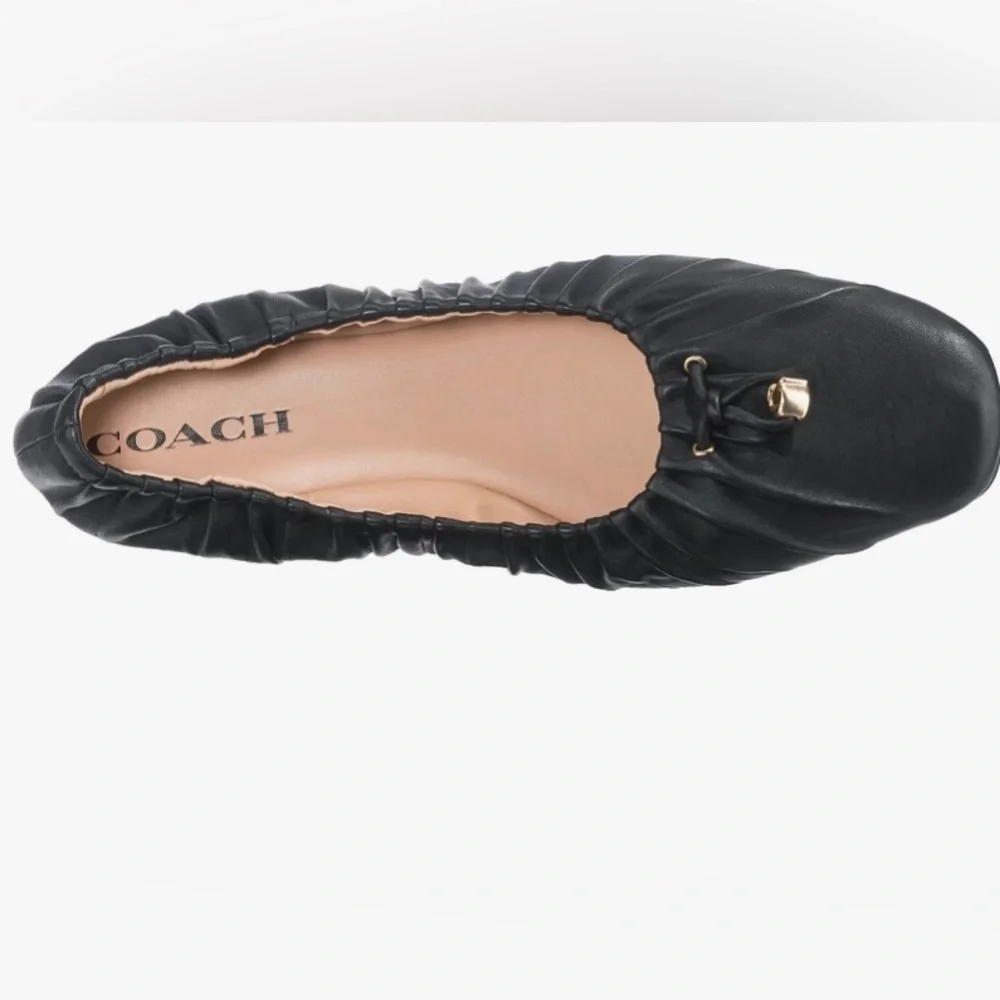 Coach Black Ruched Leather Ballet Flats with Gold Charm - Picture 3 of 8